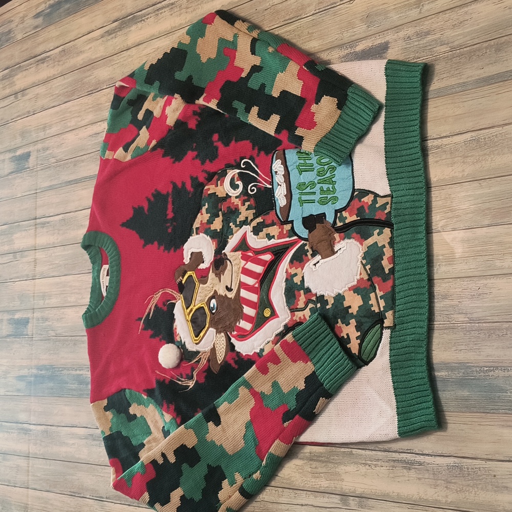 Ugly Crewneck Sweater with Festive deer‎ in camo. Drink holder pocket